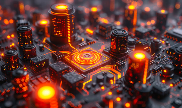 Futuristic circuit board with colorful electronic components, chips, transistors and capacitors in 3D illustration style, representing complex technology and full stack software development approach