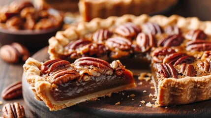 Close-up of a pecan pie slice with whole pie in the background. - obrazy, fototapety, plakaty