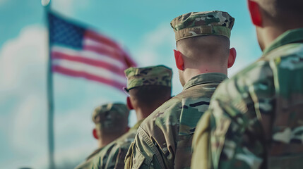back view soldiers stand to attention during a flag-raising on First Day of Military Appreciation Month ceremony with copy space.