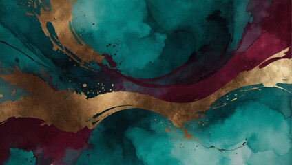 Asian Fusion Abstract Watercolor Background in Teal, Burgundy, and Bronze.