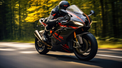 Obraz premium Photo of a rider on a sports motorcycle on an asphalt road. An atmosphere of speed and power. Generative AI