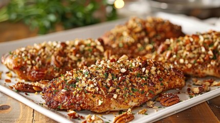 Pecan-crusted chicken breasts on a white serving platter. - obrazy, fototapety, plakaty