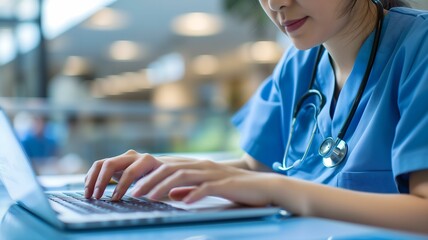 Asian nurse preparing patient info on laptop