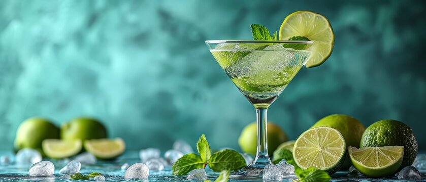   A glass holding a green beverage, garnished with limes and ice cubes against a backdrop of blue and green