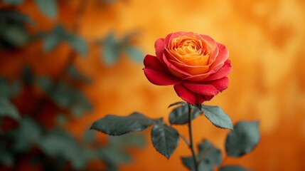   A solitary red rose with verdant leaves against a sunlit yellow backdrop, featuring a red rose in the foreground