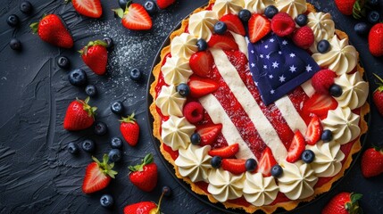 American flag design on a fruit tart with whipped cream.