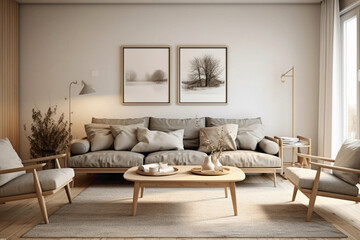 Scandinavian ambiance with two sofas and a table.