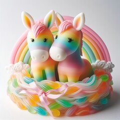 a couple wedding donkey in nest made of pastel color rainbow gummy candy on a white background