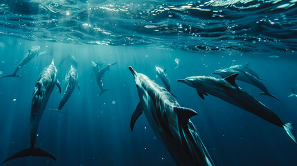 back view school of dolphins underwater.