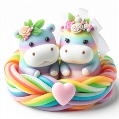 a couple wedding Hippopotamus in nest made of pastel color rainbow gummy candy on a white background