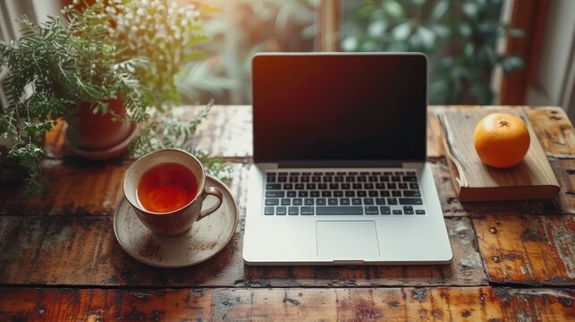   A laptop on a wooden table, open Nearby, a cup of tea and a potted plant