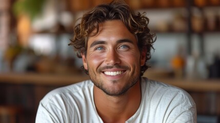 Obraz premium A man with curly hair, wearing a white shirt, smiles at the camera as he sits in front of a shelf filled with wine bottles