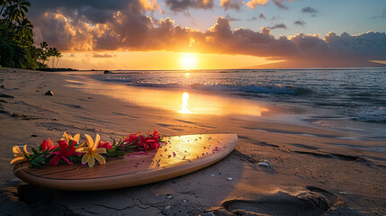 surfboard with lei flowers lying on the wet sand at sea beach at sunset sky for lei day.. - obrazy, fototapety, plakaty