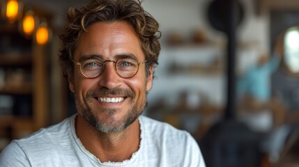   A tight shot of a person in a white T-shirt and wearing glasses, grinning - obrazy, fototapety, plakaty