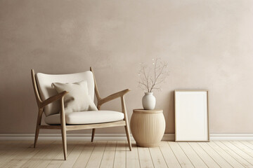 Scandinavian-style beige chair with a white frame on a soft wall.