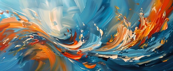 Fototapeta na wymiar Abstract waves of azure and fiery orange collide, creating a dynamic display of color and movement.