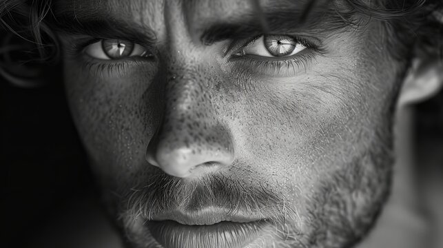   A monochrome image of a man's face featuring freckled hair and eyes