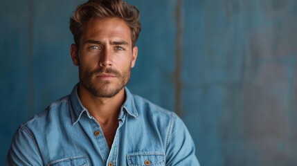 Obraz premium A tight shot of a person in a denim shirt, gazing intently into the camera with a serious expression