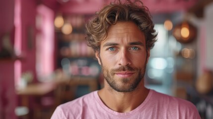   A man in a pink shirt, bearded closely, gazes seriously into the camera - obrazy, fototapety, plakaty
