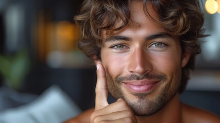   A close-up of a person holding a finger up to his own face, smiling
