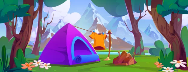 Deurstickers Camping in forest near mountains with tent and logs for bonfire. Camper place with eco tourist equipment in woodland with green trees and grass, daisy flowers and rocky hills. Cartoon summer travel. © klyaksun