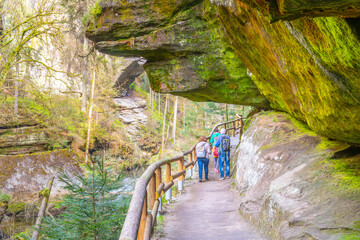 A group of hikers explores a mossy, rocky gorge with a pathway with wooden railings in Bohemian Switzerland National Park, Czechia - 774648518