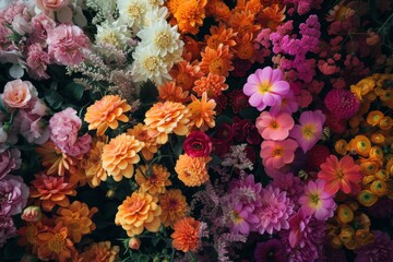   A tight shot of vibrant blooms, an array of colored flowers filling the image's center, extending downward halfway