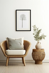 Savor the bohemian elegance stylish living room, wicker chair, floor vases, and a blank mockup...