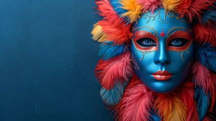   A tight shot of a face, masked in blue with vibrant feathers atop the head