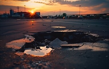 Broken asphalt on the road. Shallow depth of field