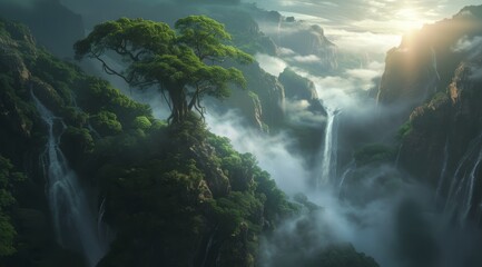   A waterfall painting with a tree in the foreground and a foggy background