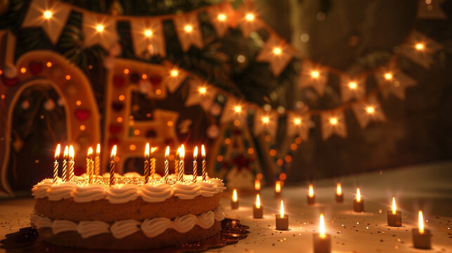 A detailed image capturing a birthday cake with candles that flicker like stars, set against a backdrop of garlands and letters that form a pathway of light