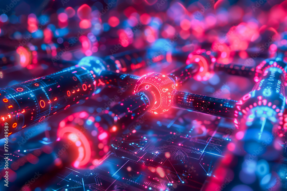 Poster binary numeric data transmission chain of nodes connected in a network form, p2p connection.