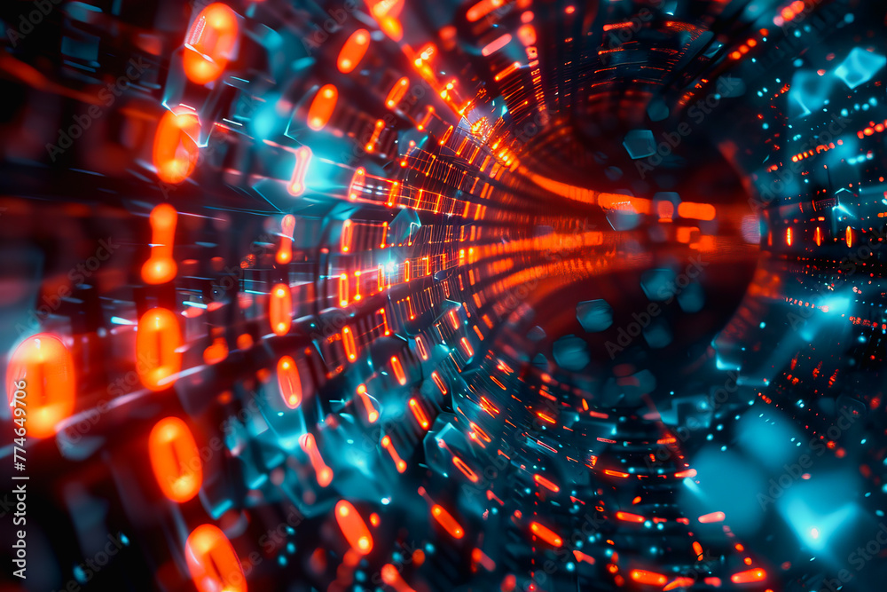 Fototapete binary numeric data transmission chain of nodes connected in a network form, p2p connection.