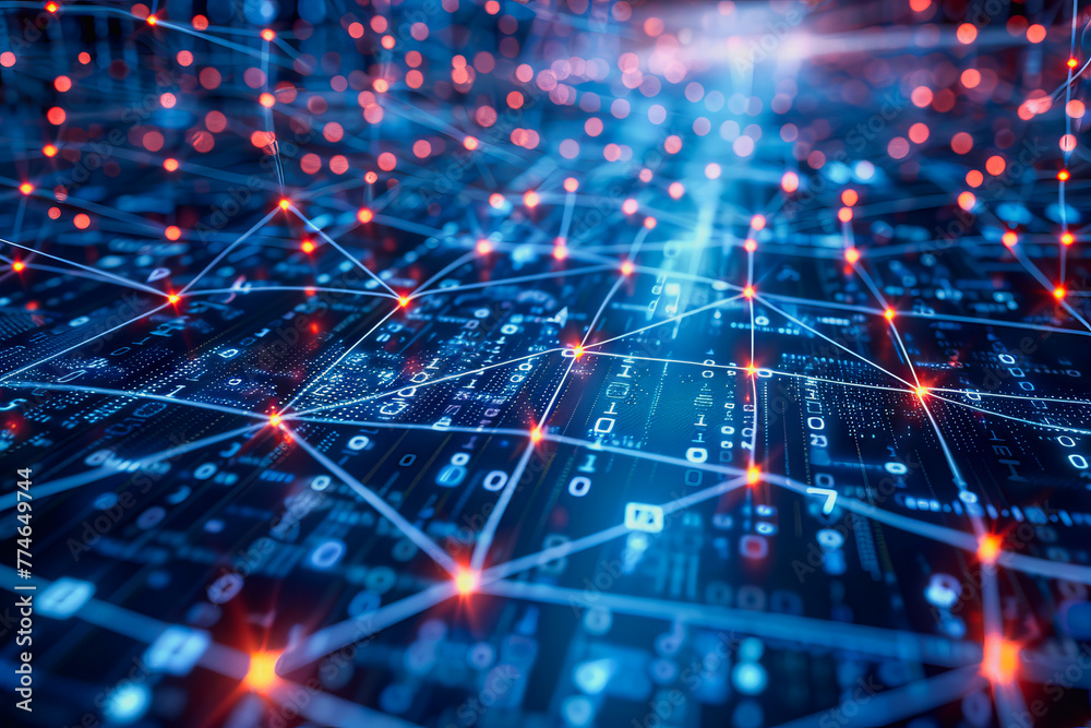 Fototapete binary numeric data transmission chain of nodes connected in a network form, p2p connection.