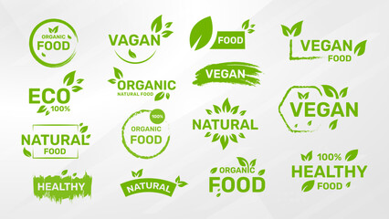 Set of Vegan, eco, bio, organic, fresh, healthy, 100 percent, nateral food. Natural product Collection of emblem cafe badges tags packaging Vector illustration