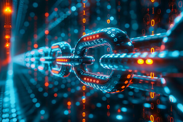 binary numeric data transmission chain of nodes connected in a network form, p2p connection.