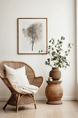 Revel in the boho-chic elegance stylish living room, wicker chair, floor vases, and a blank mockup...
