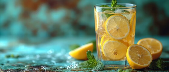  A tight shot of a glass filled with lemonade Lemon slices adorn the rim, and mint sprigs peek out to the side