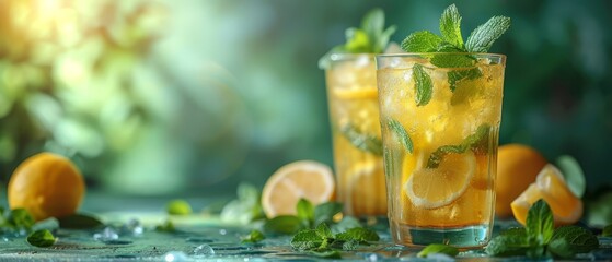   A tight shot of a glass filled with lemonade, adorned with a mint garnish, positioned on a table laden with sliced lemons and fresh mint