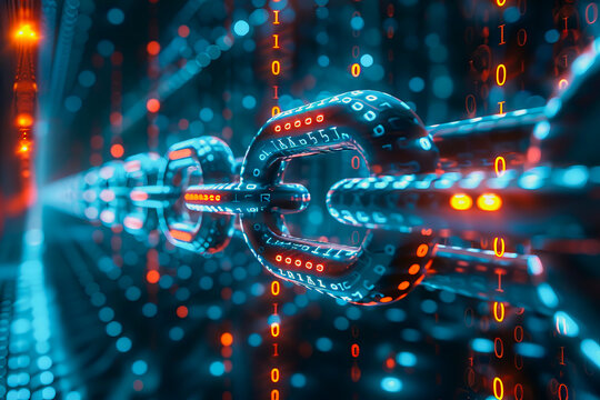 binary numeric data transmission chain of nodes connected in a network form, p2p connection.