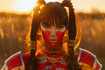30 year old woman wearing red warrior full face, with two high-pony-tails, hair bangs, brunette, gold hair braid jewelry, outside, golden hour - obrazy, fototapety, plakaty