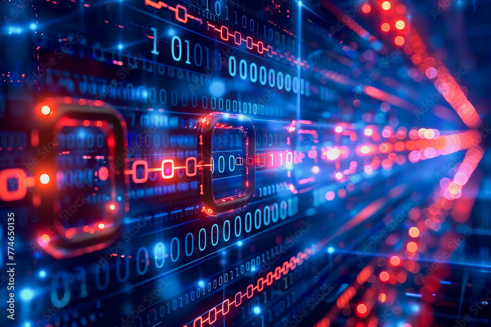 Poster binary numeric data transmission chain of nodes connected in a network form, p2p connection.