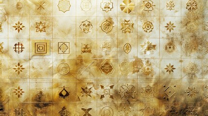 A boho label sheet made of brass material, featuring a grid of cute designs and a logo, exuding rustic charm and artisanal quality, 