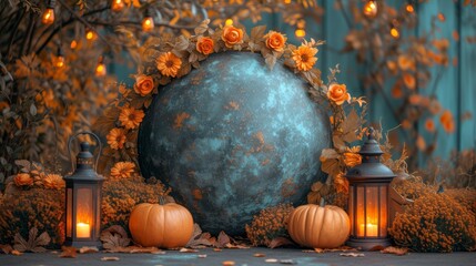   A large blue ball is situated in front of autumnal backdrops, with lanterns and pumpkins encircling it Fall leaves and orange flowers surround the scene - obrazy, fototapety, plakaty