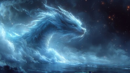   A blue dragon painting over a water body Clouds and stars populate the backdrop