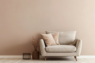 Single beige sofa chair and empty frame against a soft wall backdrop.