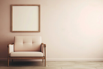 Single beige sofa chair and empty frame on a soft-colored wall.