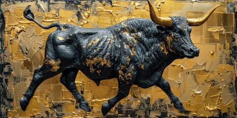 Bull impasto painted illustration, black and golden, representing financial market trend