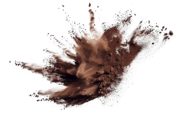 Explosion splash of ground coffee or cocoa powder with freeze isolated on background, pile of splatter of coffee grind dust powder, brown shattered beans. - obrazy, fototapety, plakaty